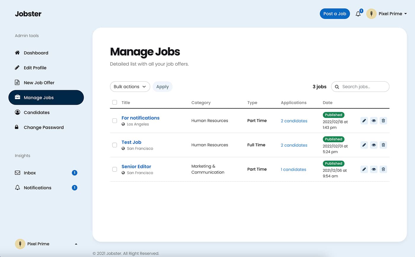Jobster company dashboard manage jobs page front-end