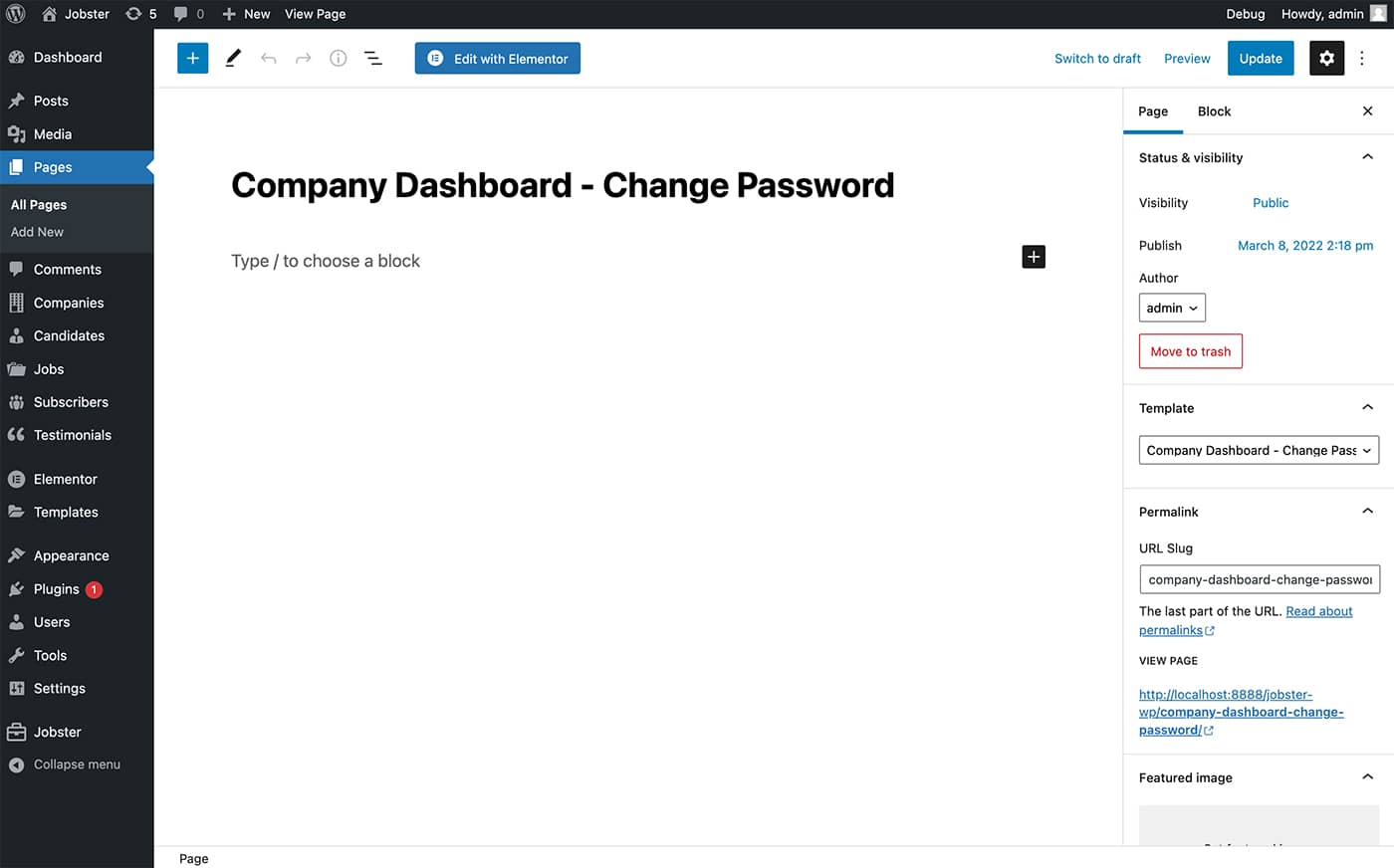 Jobster company dashboard change password page template