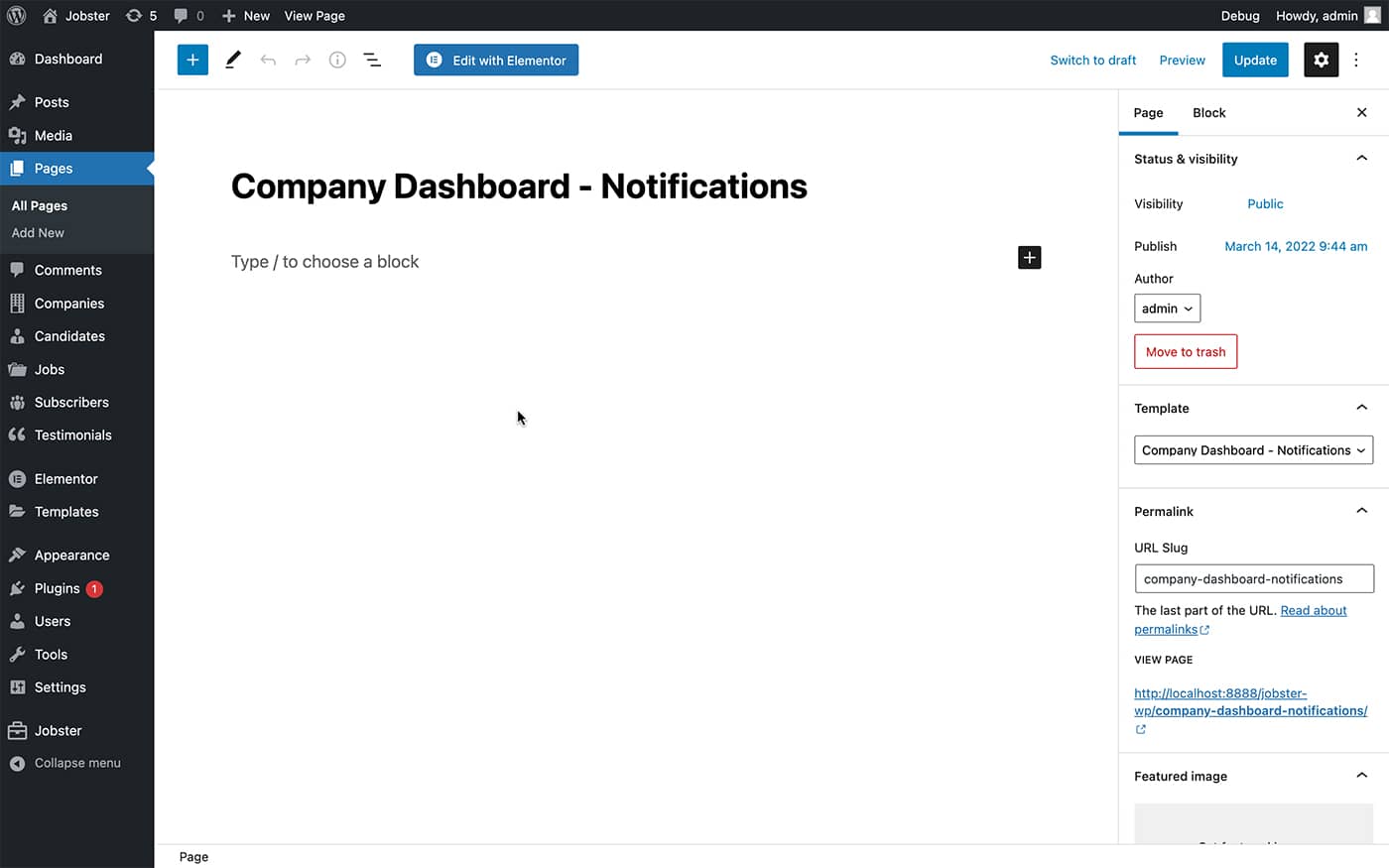 Jobster company dashboard notifications page template