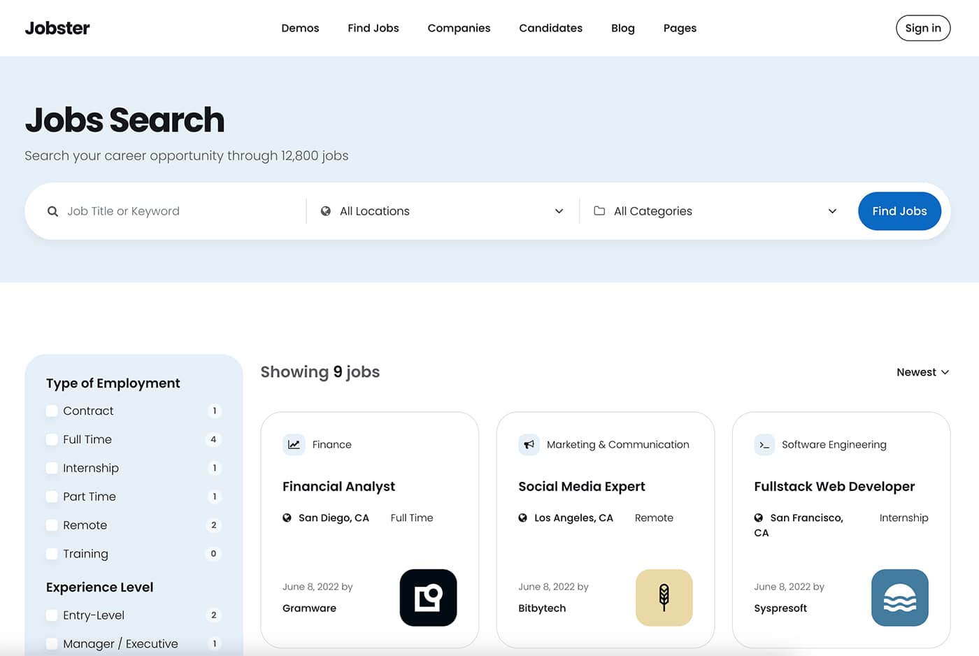 Jobster job search page front-end