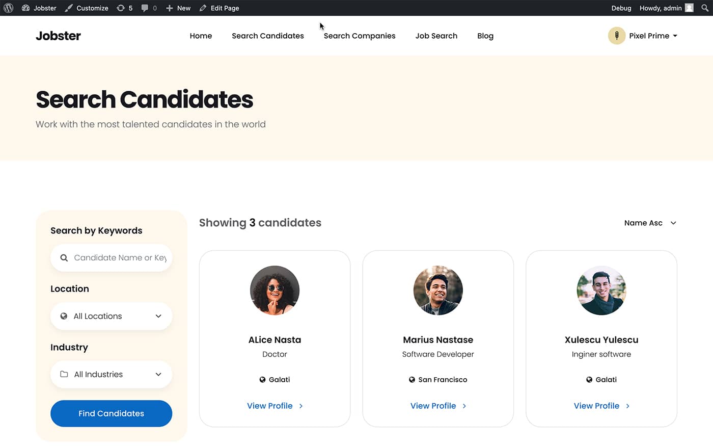 Jobster candidate search page front-end