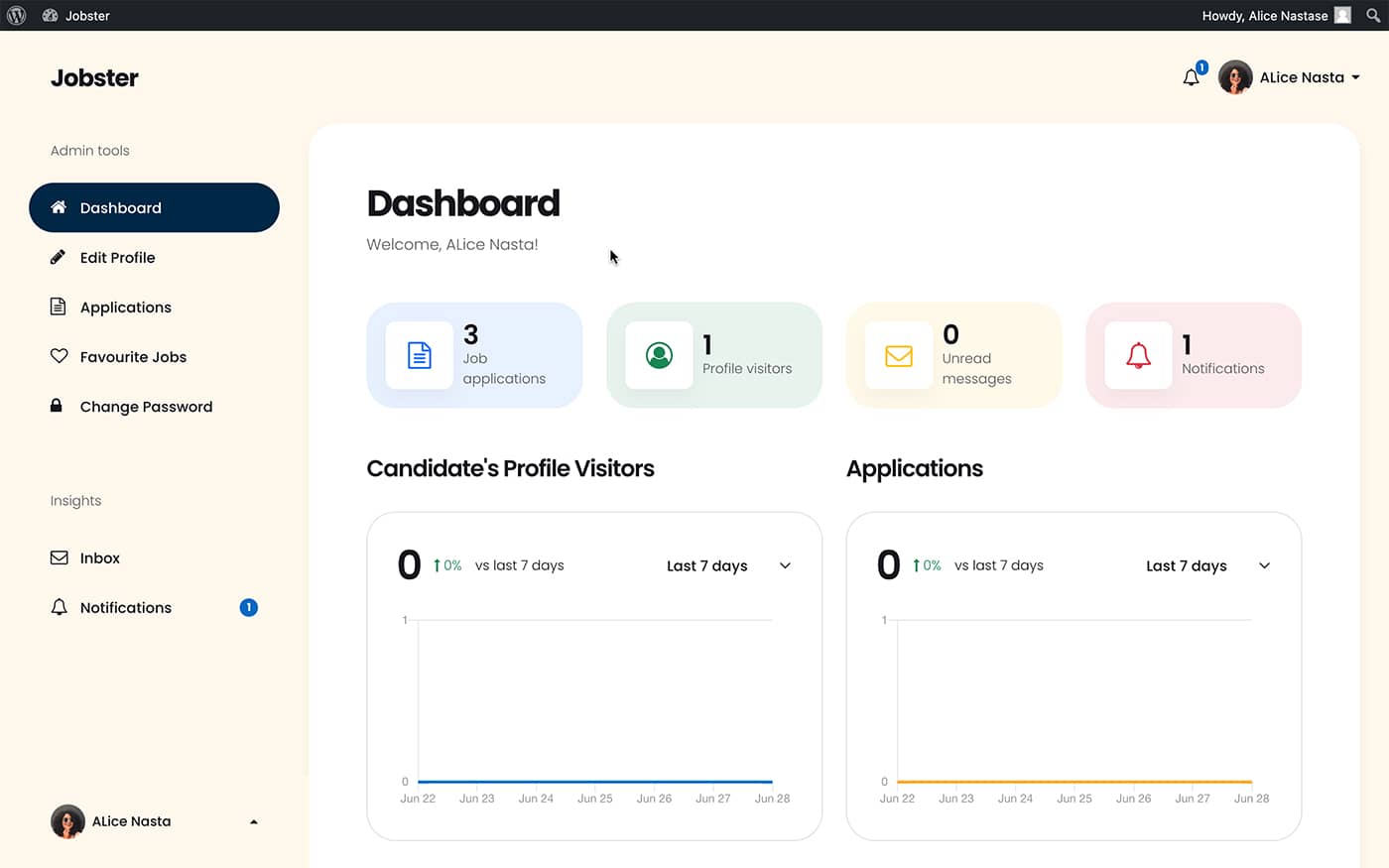 Jobster candidate dashboard page front-end