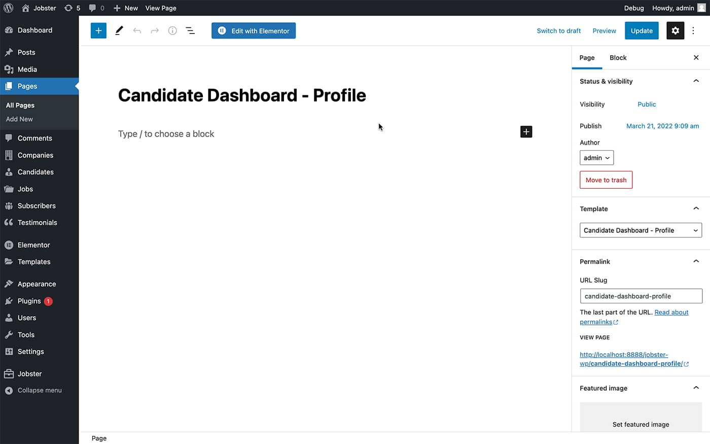 Jobster candidate dashboard profile page template