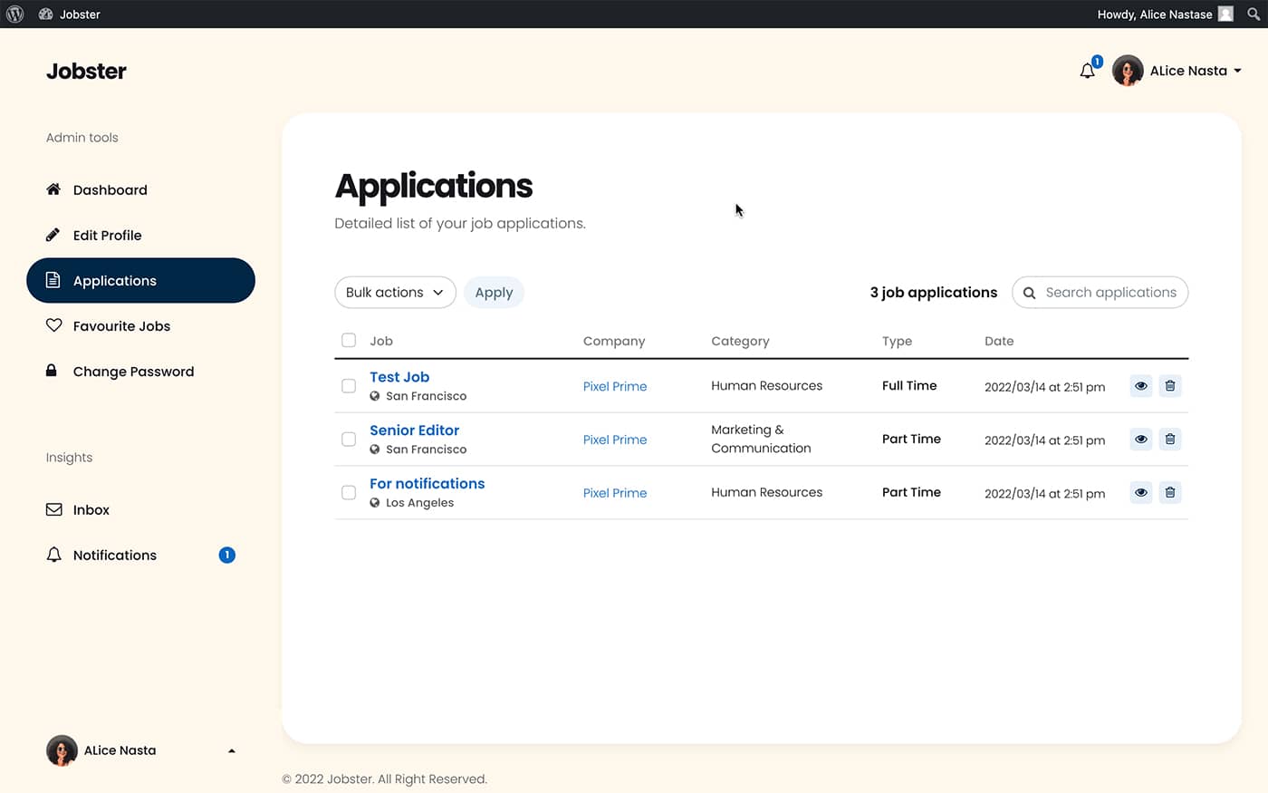 Jobster candidate dashboard applications page front-end