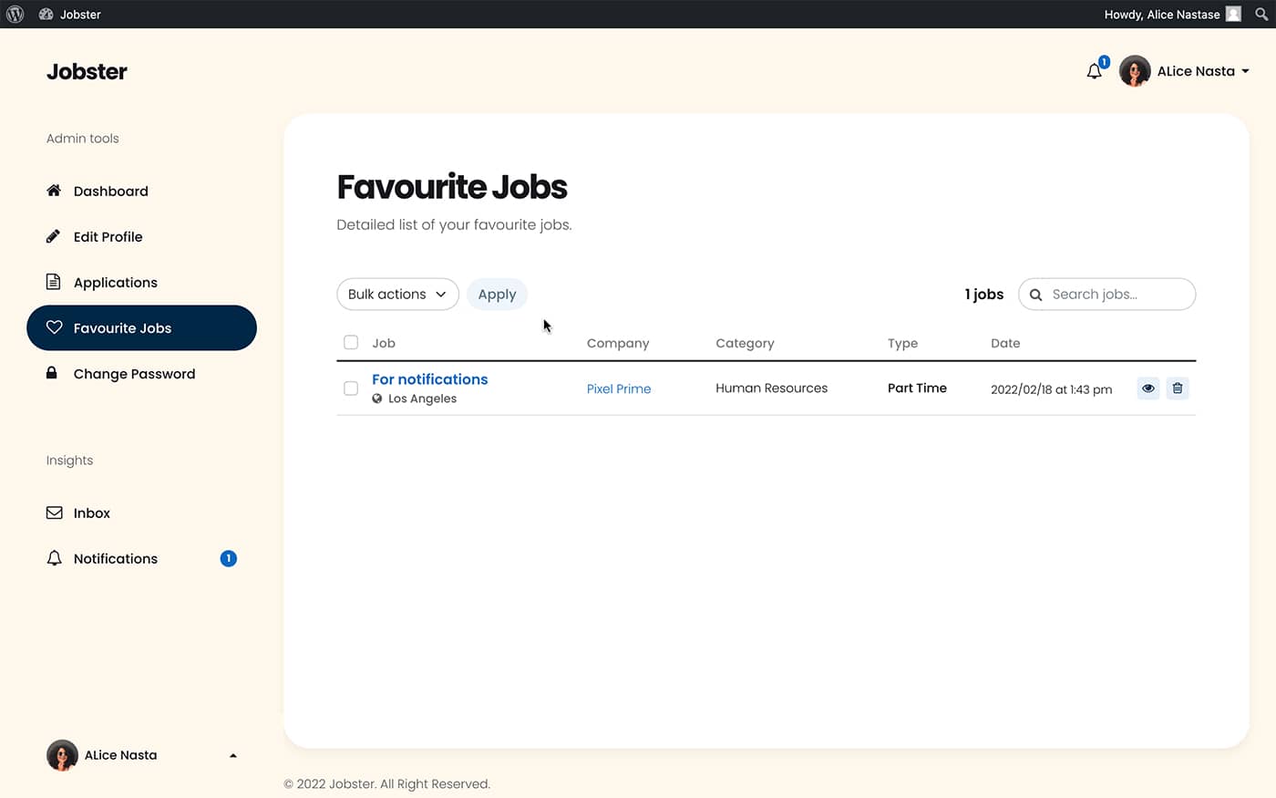 Jobster candidate dashboard fav jobs page front-end