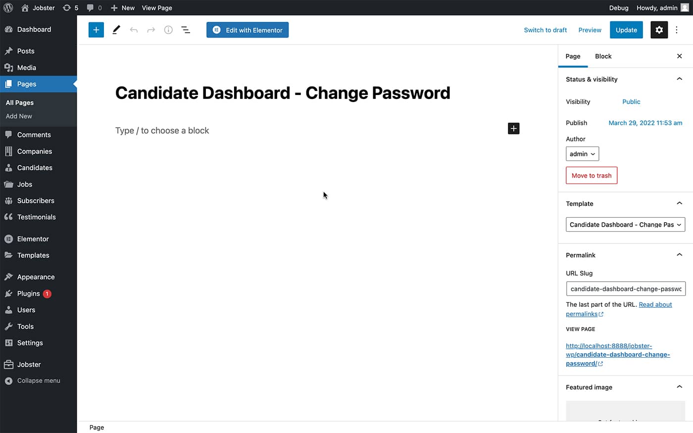 Jobster candidate dashboard change password page template