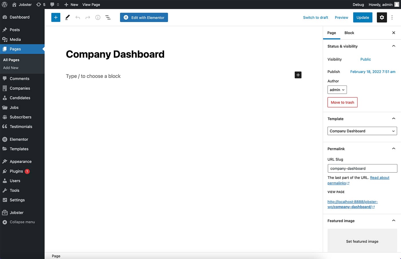 Jobster company dashboard page template
