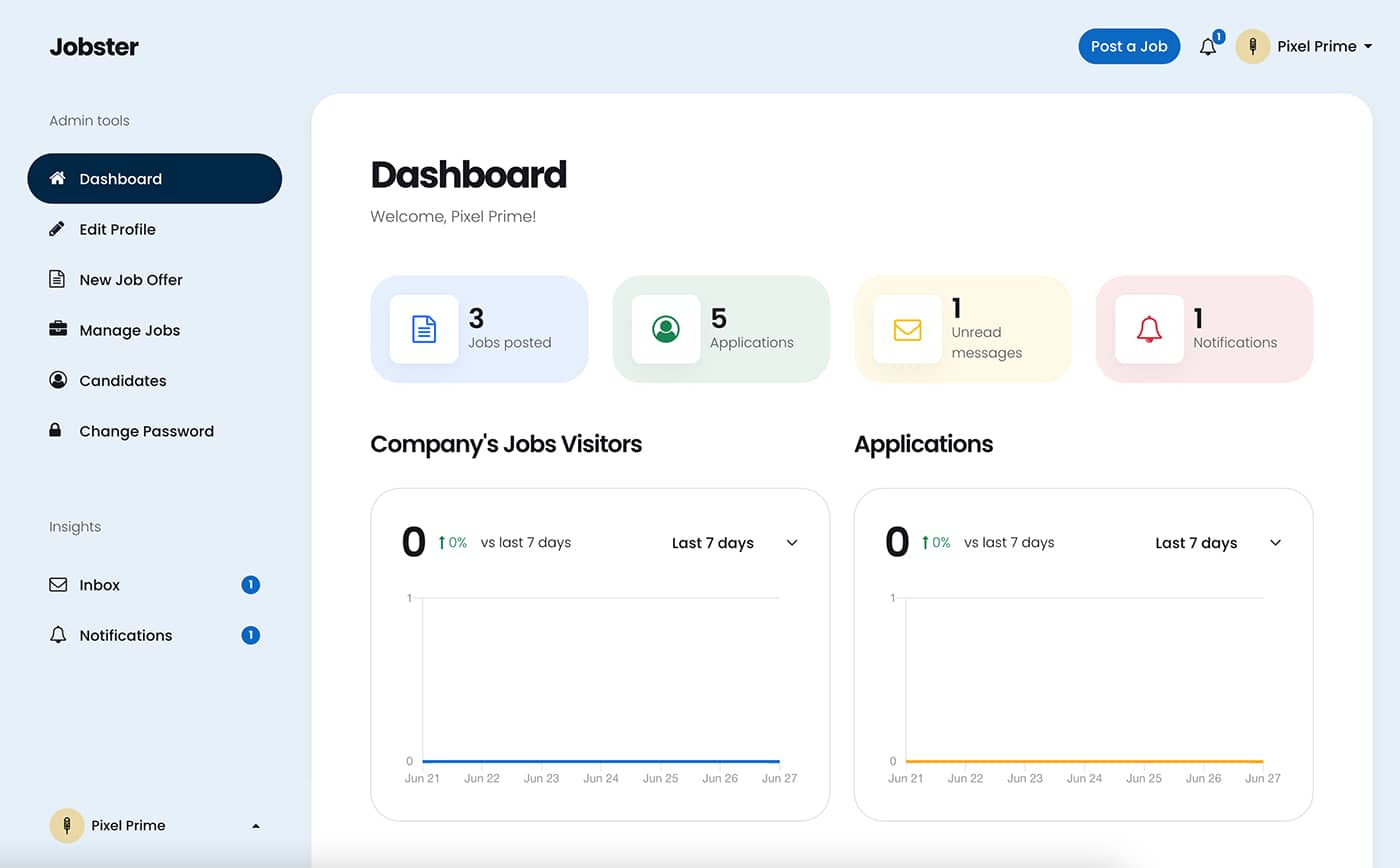 Jobster company dashboard page front-end