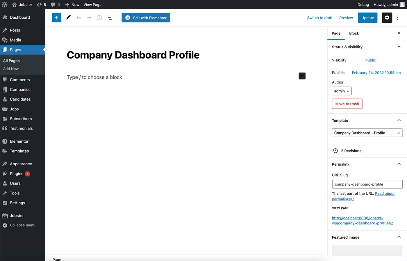 Jobster company dashboard profile page template