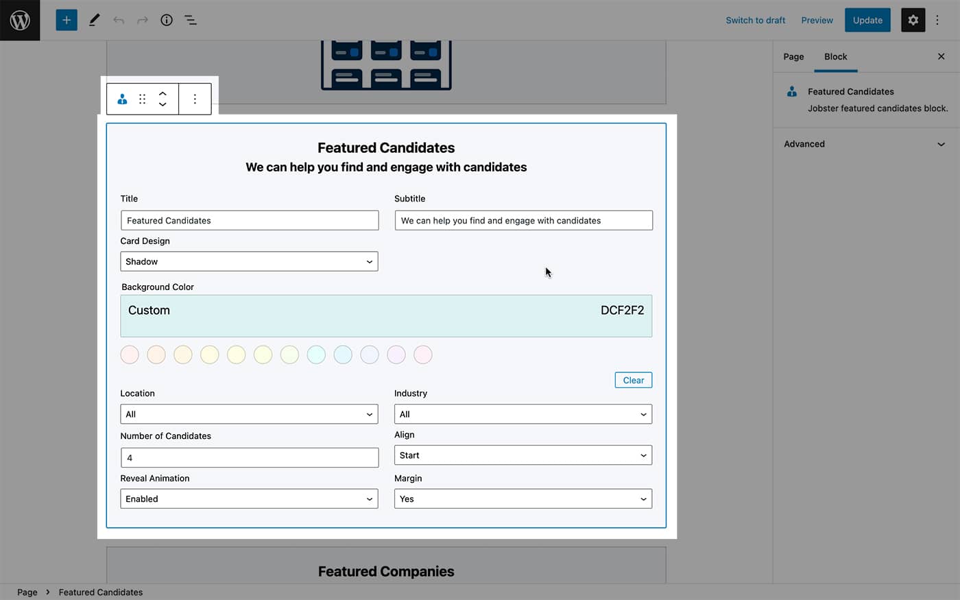 Jobster theme featured candidates module options