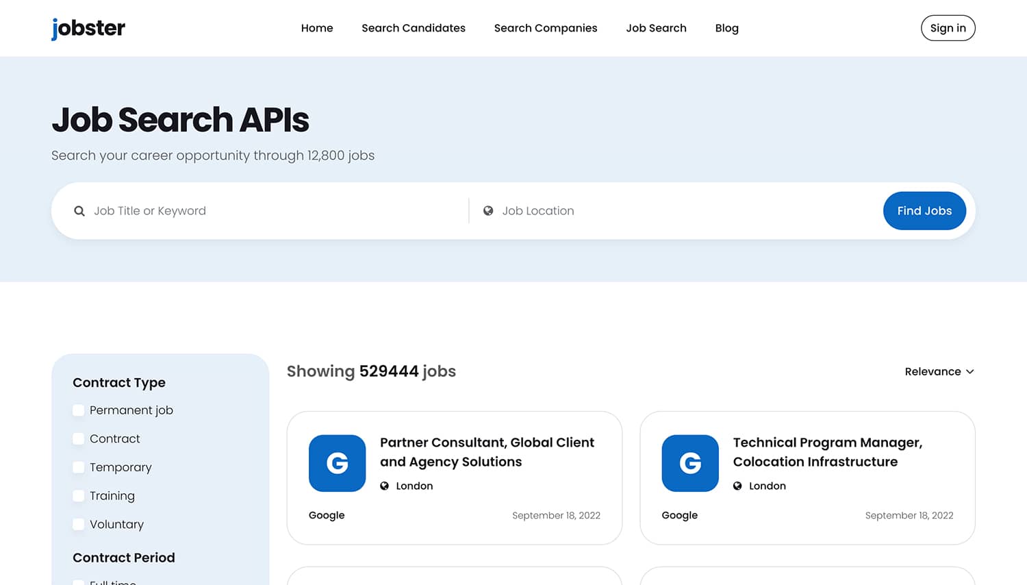 Jobster job search external APIs page front-end