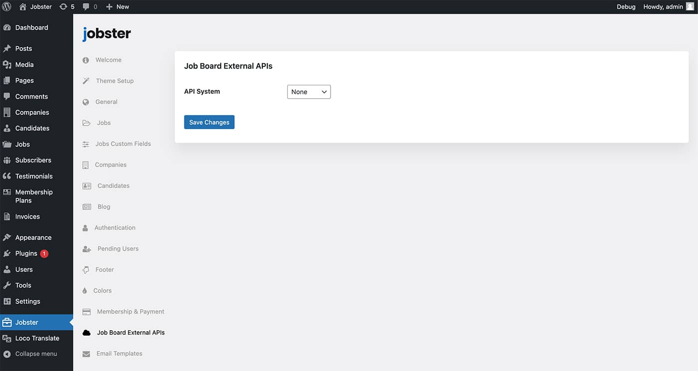 Jobster theme Job Board External APIs settings