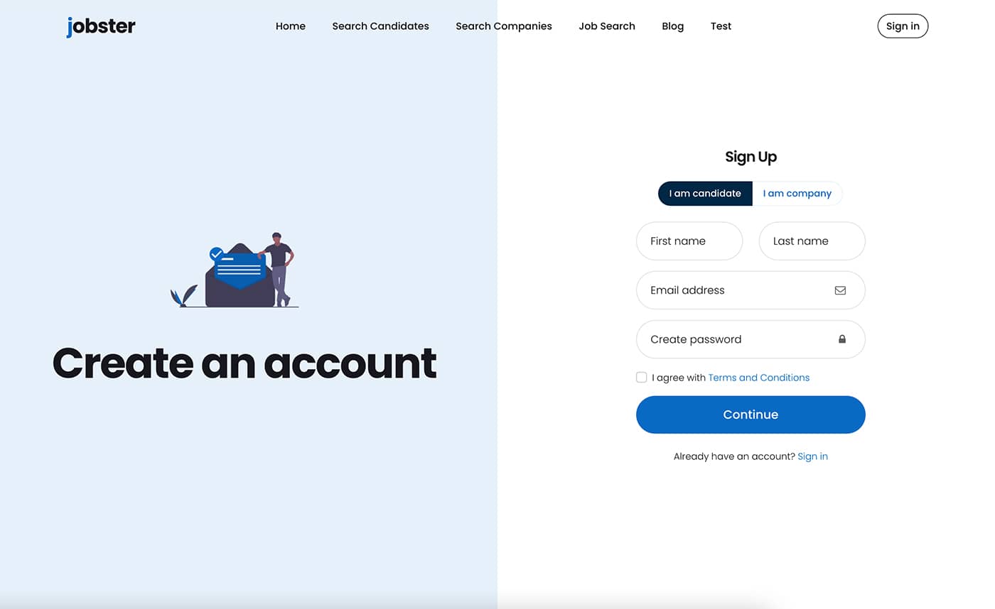Jobster sign up page front-end