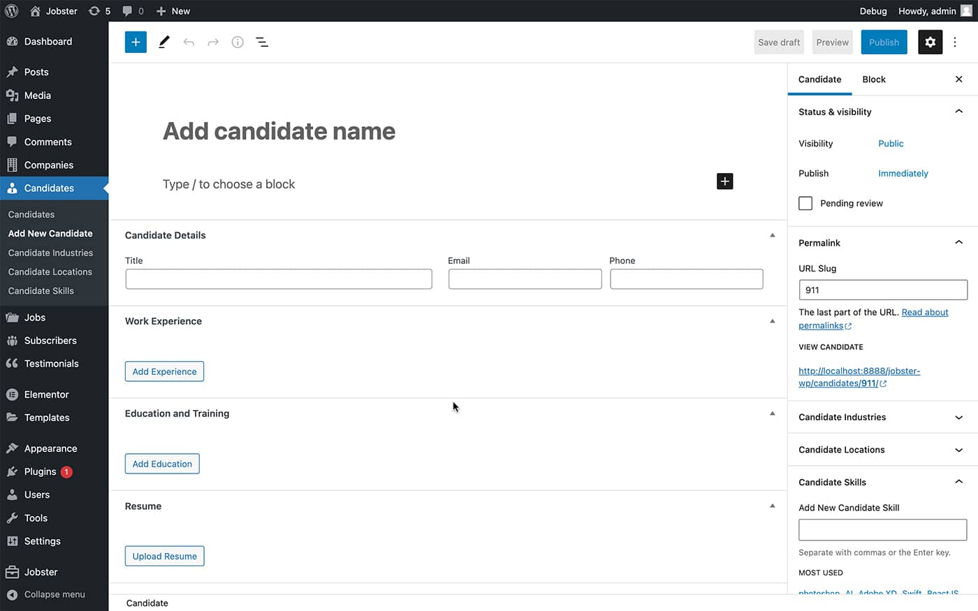 Jobster theme create candidate