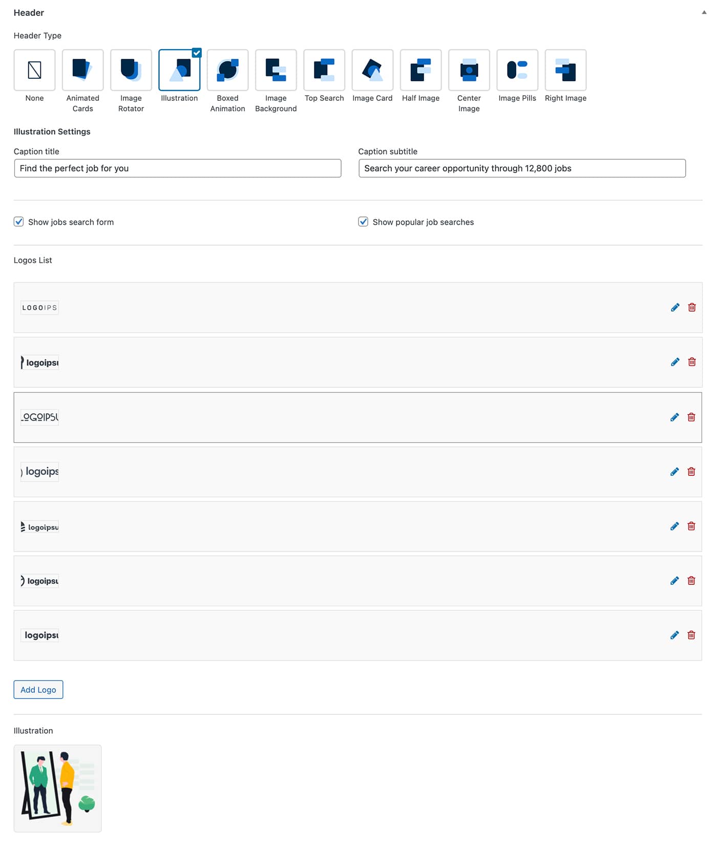 Jobster theme illustration page header settings