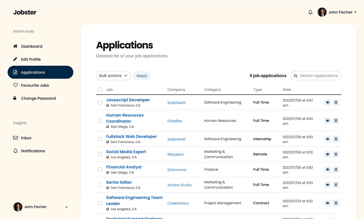 Candidate dashboard - applications