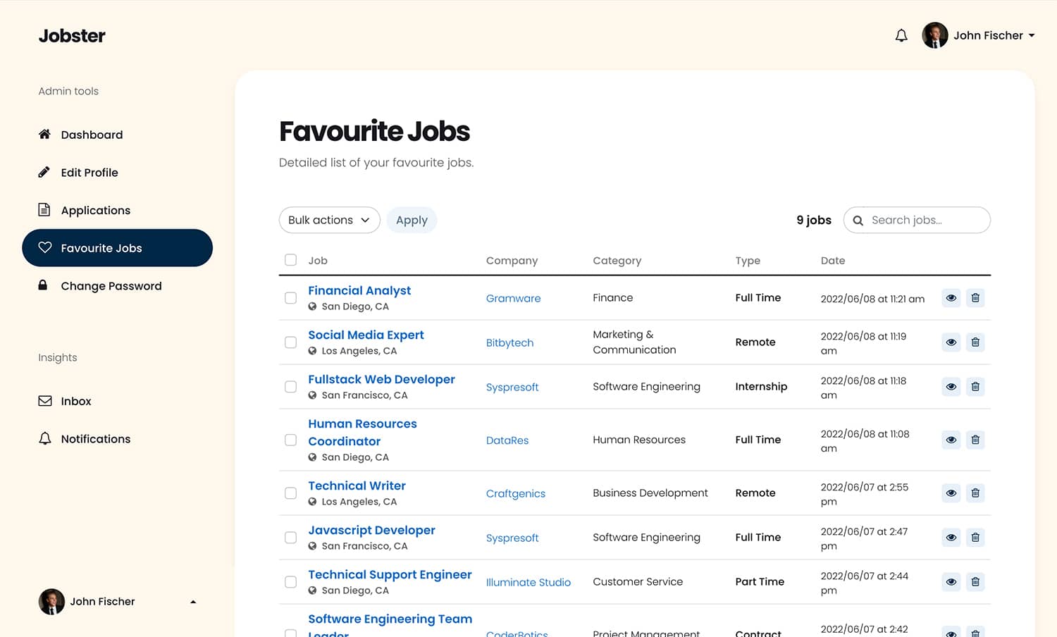Candidate dashboard - favourite jobs