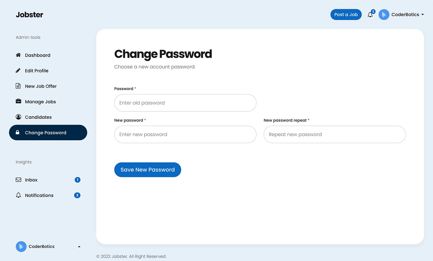 Company dashboard - change password